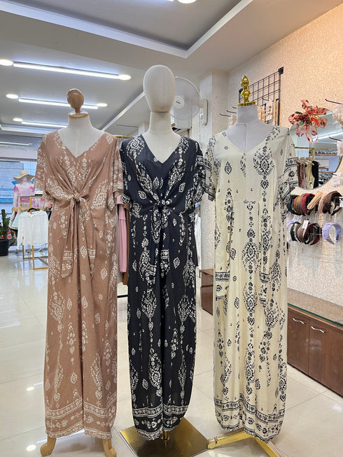 Cotton V-Neck Short Sleeves Front Tie Maxi Dress